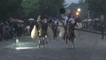 Video: Un poste del alumbrado público cayó sobre dos caballos durante un desfile