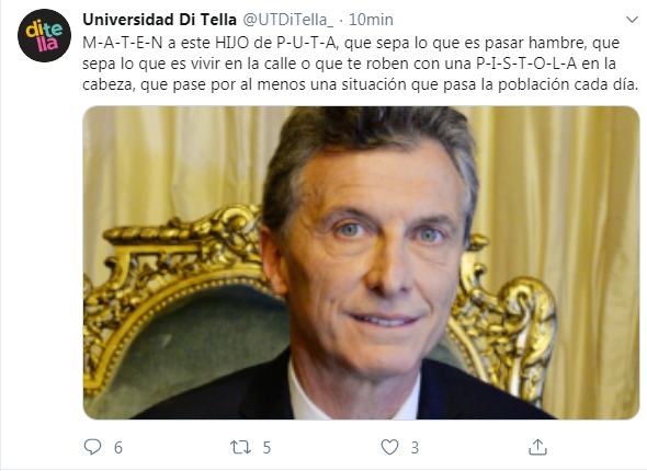 Hackearon la cuenta de twitter de la Universidad Di Tella y amenzaron de muerte a Mauricio Macri
