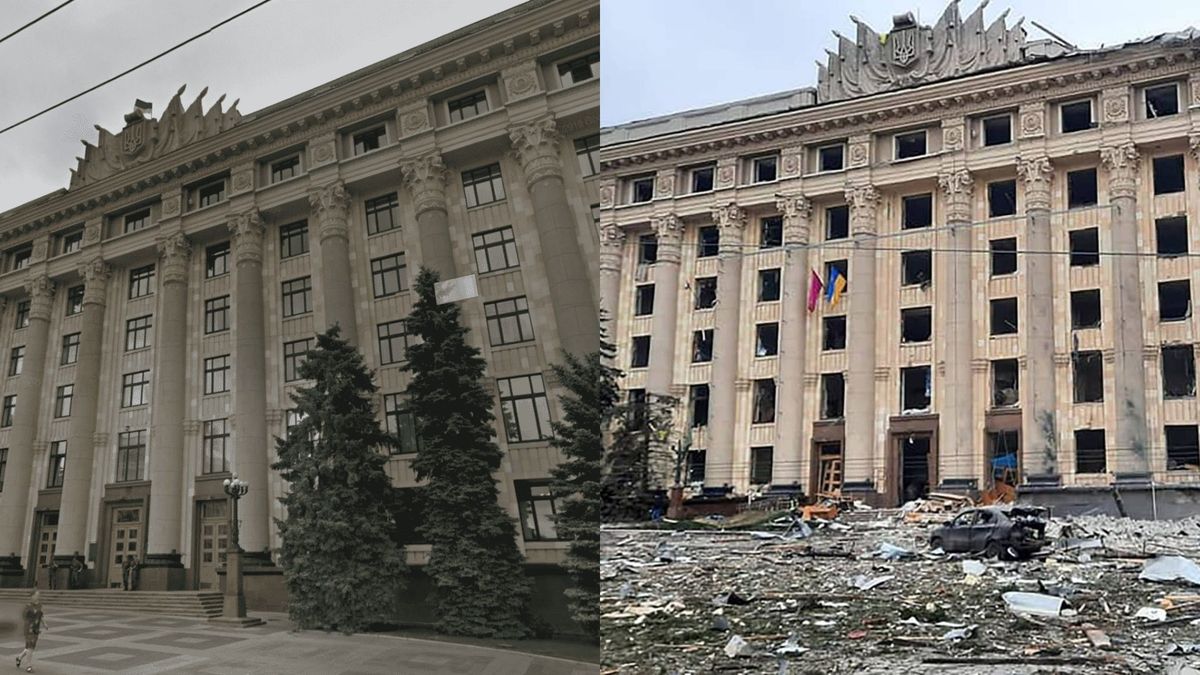 Así estaba y así quedó el edificio de la administración regional de Járkov. 