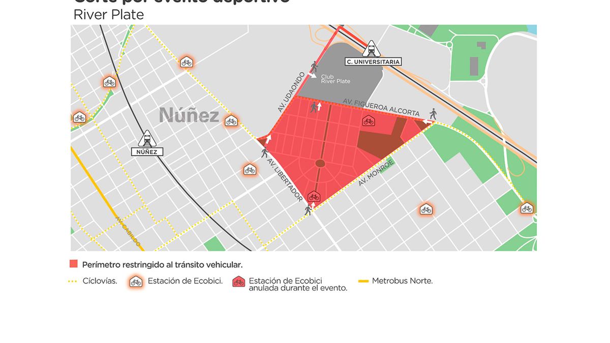 Los cortes de tránsito programados en el marco del operativo de seguridad que será desplegado en la zona del estadio Monumental serám a partir de las 22 de este miércoles (Foto: Gobierno de la Ciudad). 