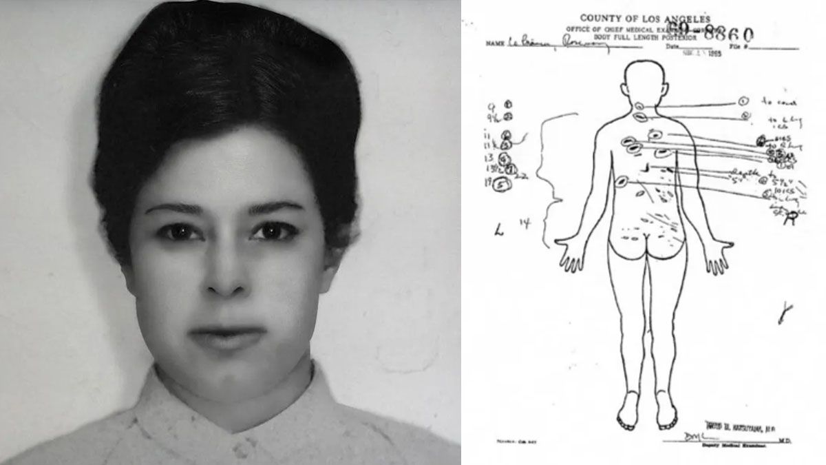 La ficha forense de Rosemary LaBianca. de las 40 pu&ntilde;aladas que recibi&oacute;, 16 de las hizo la adolescente Leslie. (Foto: Gentileza MTTS)