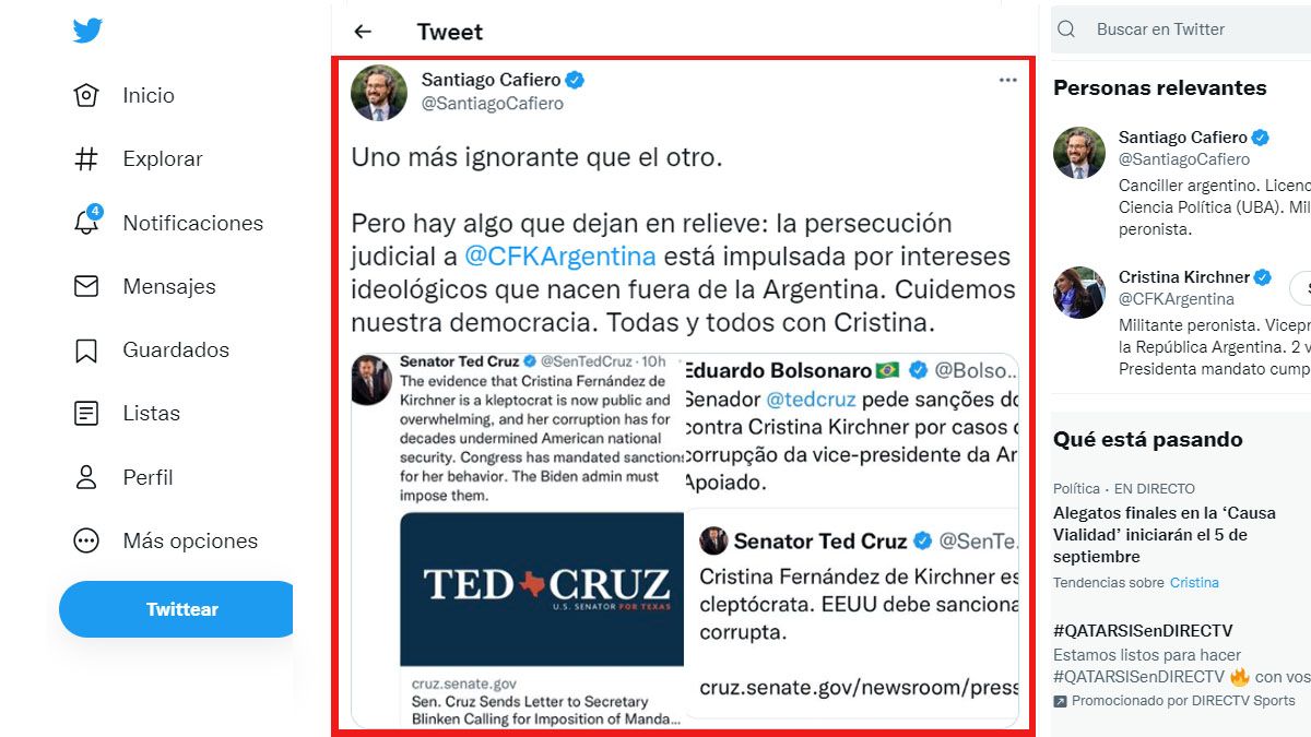 El canciller Santiago Cafiero defendió a la vicepresidenta Cristina Fernández de Kirchner por las críticas de legisladores del exterior (Foto: cuenta oficial de Twitter de Santiago Cafiero)