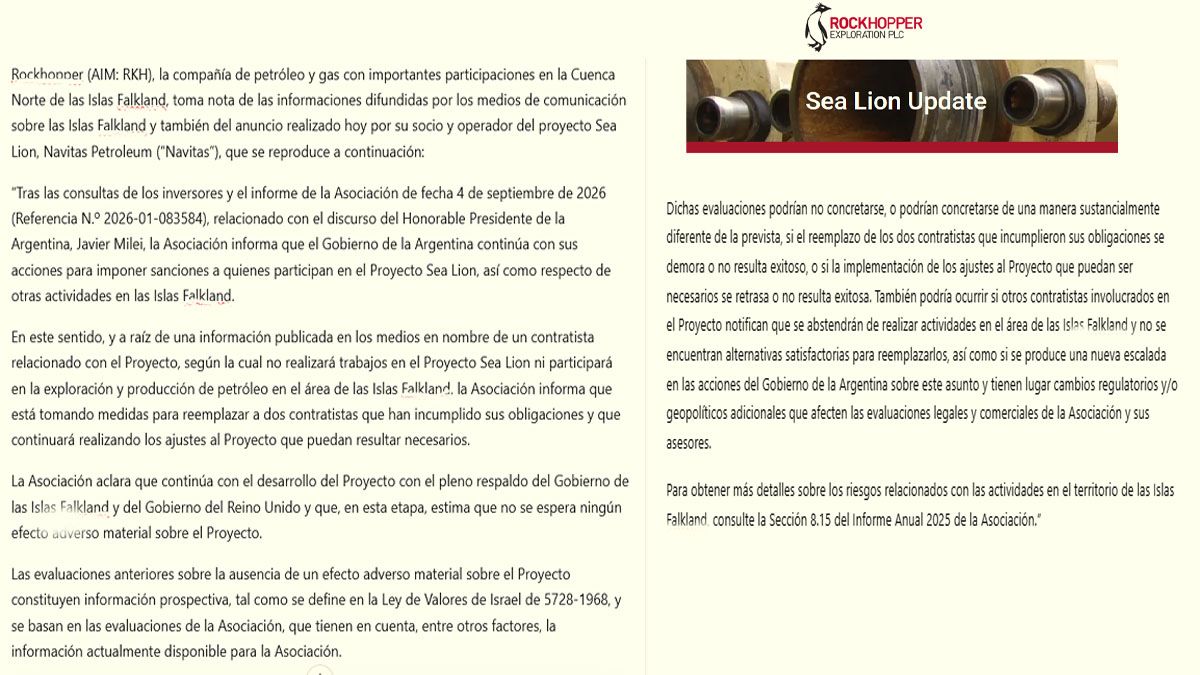 El comunicado en que la empresa petrolera reconoce que se le cayeron inversionistas. (foto: Rockhopper)