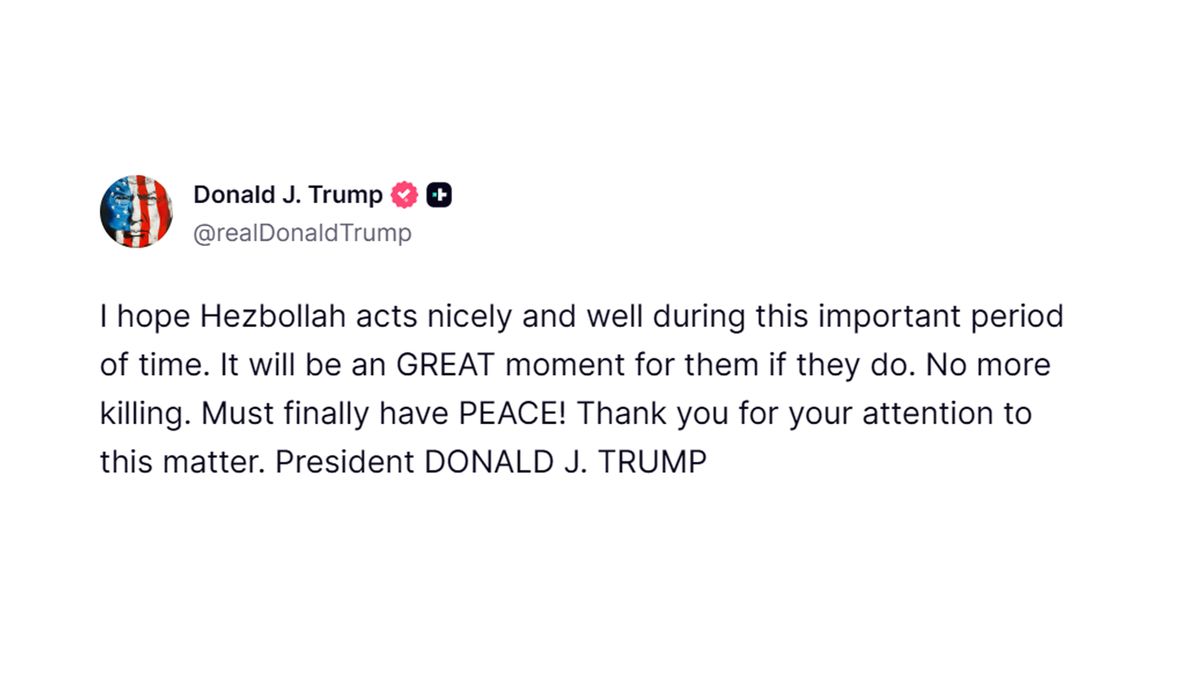 Mensaje personalizado de Donald Trump a Hezbollah. (Foto: cuenta de Truth de Trump)