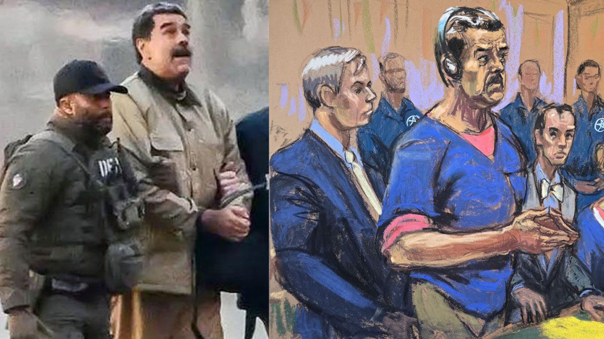 Maduro x dos. La foto de cuando baja detenido del helicóptero. Los dibujos, la única manera que la justicia permite 