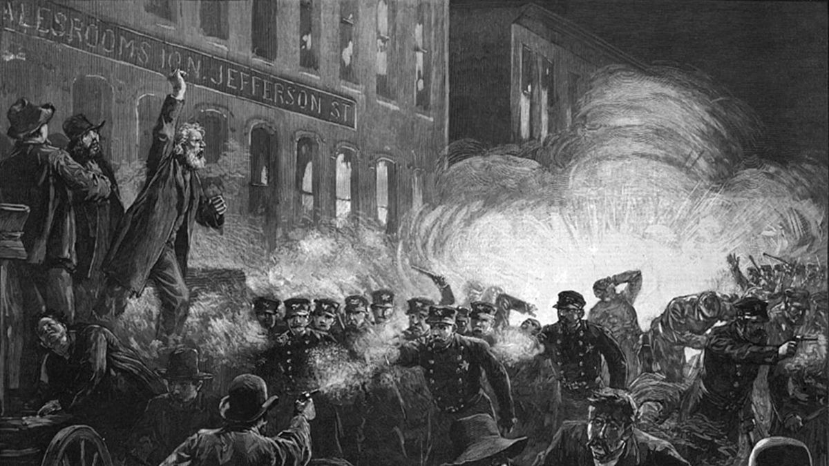 Imagen de las protestas de Haymarket, la lucha de los trabajadores de Chicago que dio origen a la conmemoración del 1 de mayo como el Día del Trabajador. (Foto dominio público)