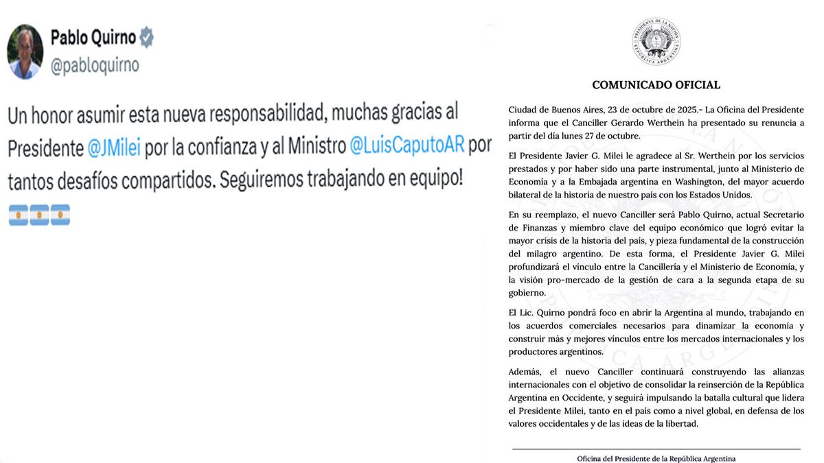 El primer mensaje del nuevo canciller designado por el presidente Milei. (Foto: Cuenta de X de Quirno)