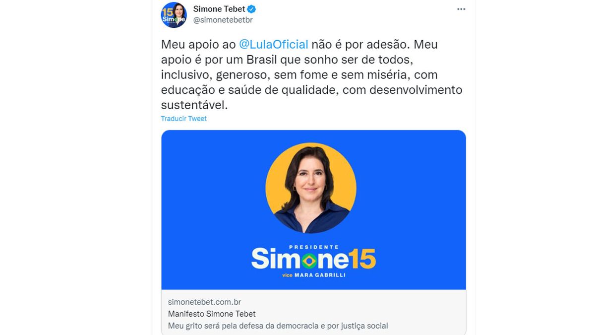 Simone Tebet, tercera en la primera vuelta con el 4,2% de los votos, ya dijo que votará para que Lula derrote a Bolsonaro (Foto: Cuenta oficial de Simone Tebet)