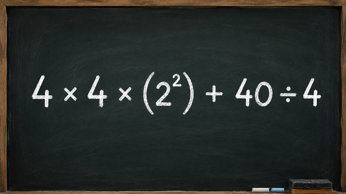 Desafío matemático: la cuenta que hay que resolver es 4 × 4 × (2²) + 40 ÷ 4 . Imagen creada con IA.