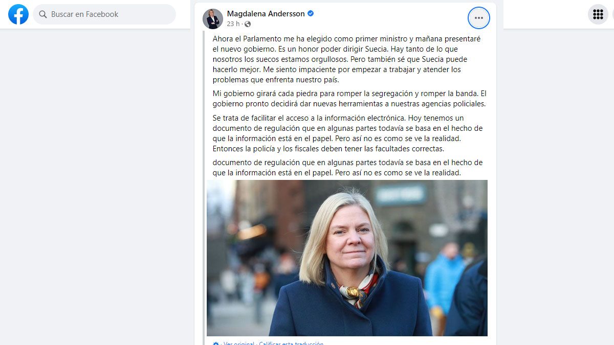 El mensaje de Magdalena Andersson en su segunda oportunidad como primera ministra de Suecia (Foto: Facebook de Magdalena Andersson)
