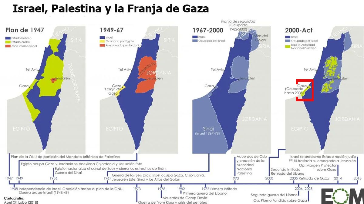 Evoluci&oacute;n de los l&iacute;mites de Israel y Palestina desde 1948 seg&uacute;n los diferentes conflictos armados (Foto: gentileza EOM).