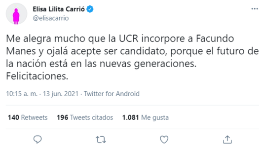 Elisa Carrió apoyó que Facundo Manes se sume a la UCR: Ojalá sea candidato