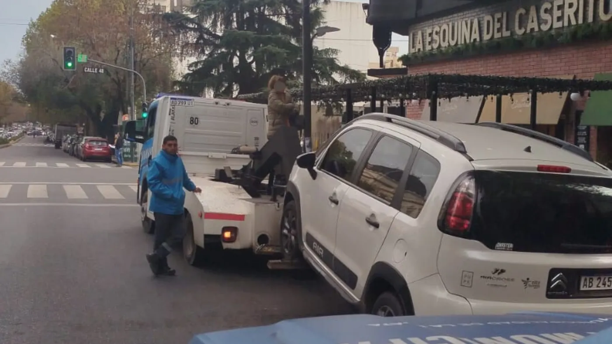 Locura en La Plata: una mujer se atrincheró arriba de una grúa para evitar que se lleven su auto