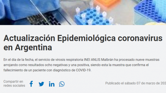 El comunicado del Ministerio de Salud tras la primera muerte confirmada por coronavirus