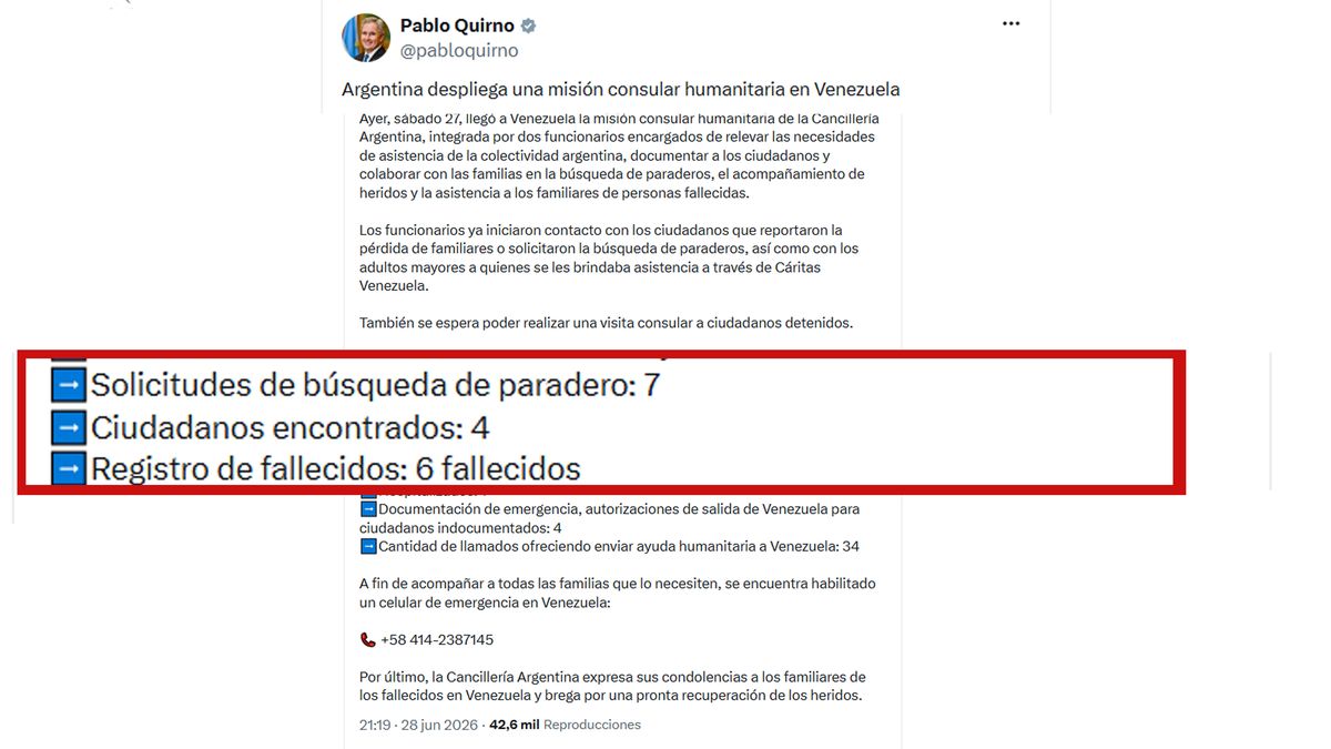 Mensaje del ministro de Relaciones Exteriores, por las muertes y desaparecidos argentinos en Venezuela. (foto: Cuenta de Pablo Quirno en X)