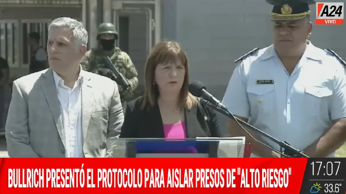 Patricia Bullrich presentó el protocolo para presos de alto riesgo. (Foto: captura)