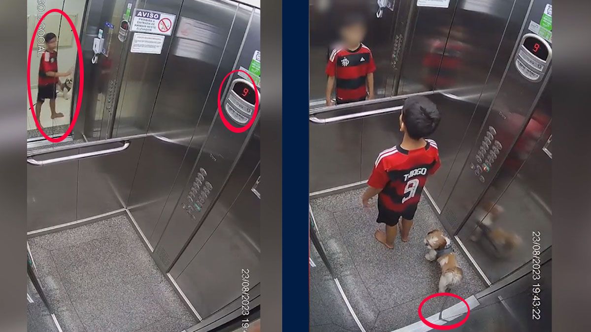 El momento en que Thiago y su perrita Milú abordan al ascensor. Luego, la correa de la perrita quedó atrapada al cerrarse las puertas. (Captura de TV)