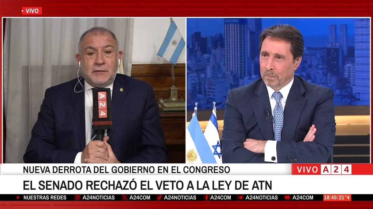 Luis Juez fue entrevistado por Eduardo Feinmann en A24 después del revés en el Senado del Gobierno. (Foto: A24).