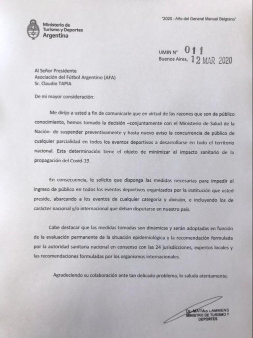 La carta de Lammens a Tapia donde le comunica que todo el fútbol en territorio argentino se jugará sin público