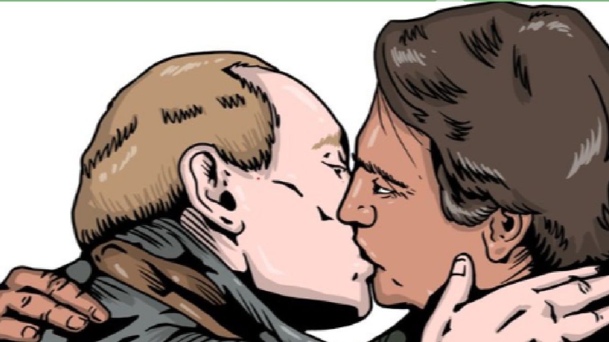 Un dibujo lo muestra bes&aacute;ndose con Vladimir Putin, como se&ntilde;al de apoyo a los gobiernos autoritarios (Foto: bolsonaro.com.br)