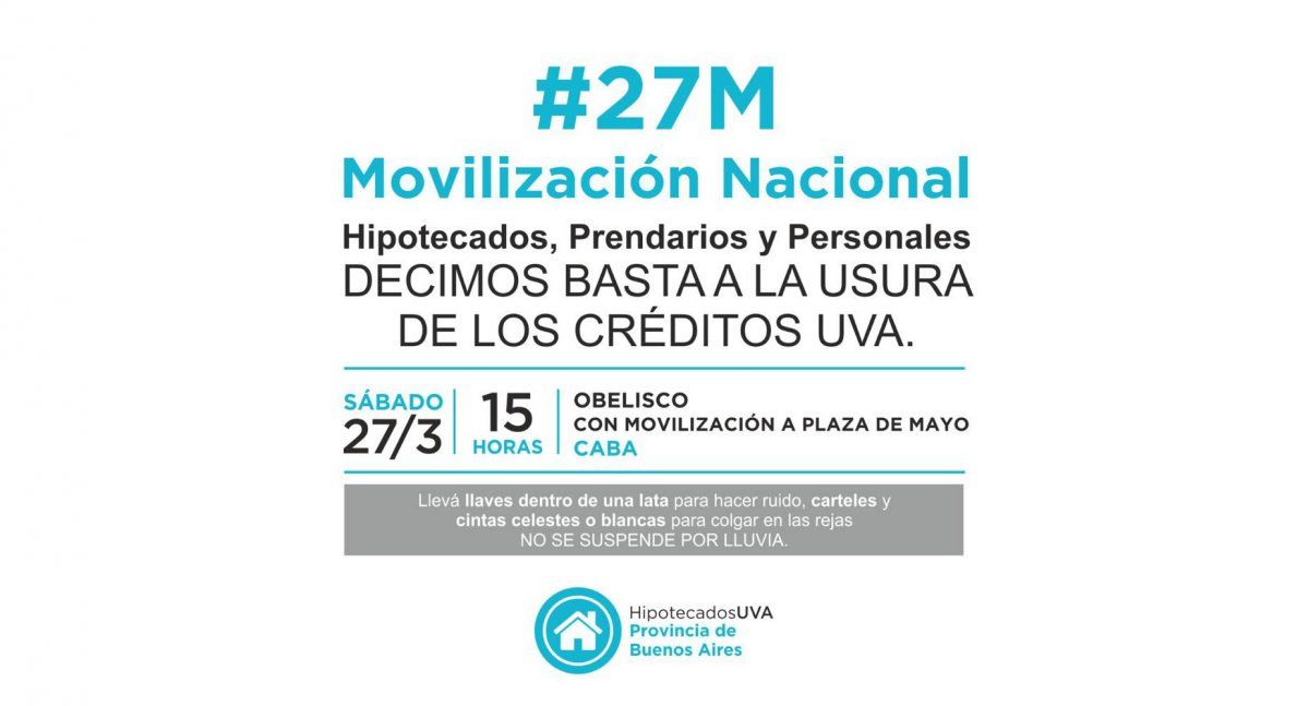 Las agrupaciones de deudores de Créditos UVA realizarán movilizaciones el próximo fin de semana. (Foto: fuente HipotecadosUVA)
