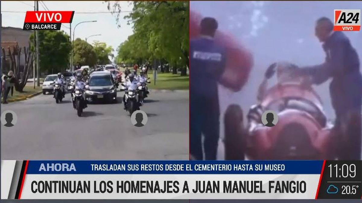 Así se trasladaron los restos de Fangio en caravana por Balcarce. (Captura de Tv)