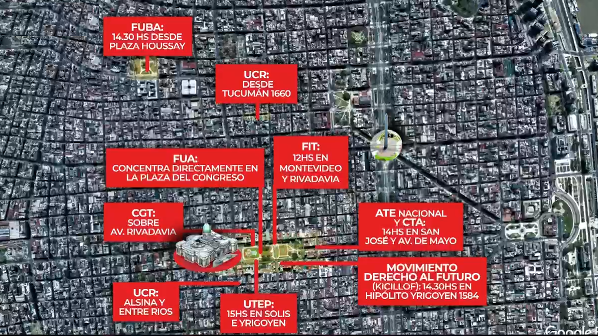 El mapa con el corte de calles por la marcha federal universitaria en Congreso contra el veto de Milei