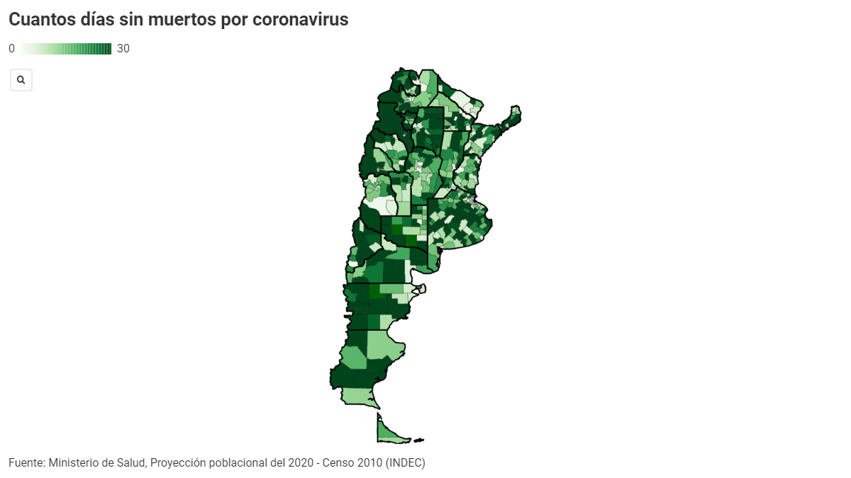 Mapa de los departamentos del país según la cantidad de días seguidos sin fallecimientos por coronavirus. Ver versión interactiva más abajo (Foto: centro de datos de A24.com).&nbsp;