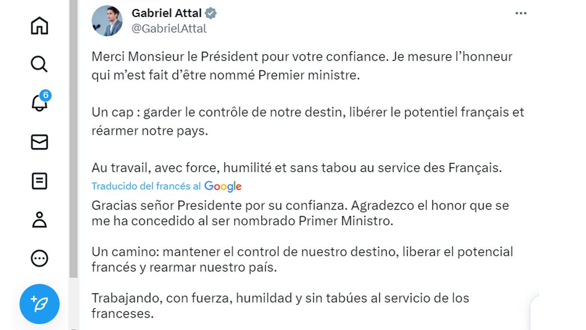 La respuesta del designado primer ministro de Francia y su compromiso para avanzar en cambios culturales en su país. (Foto: cuenta de X de Attal)