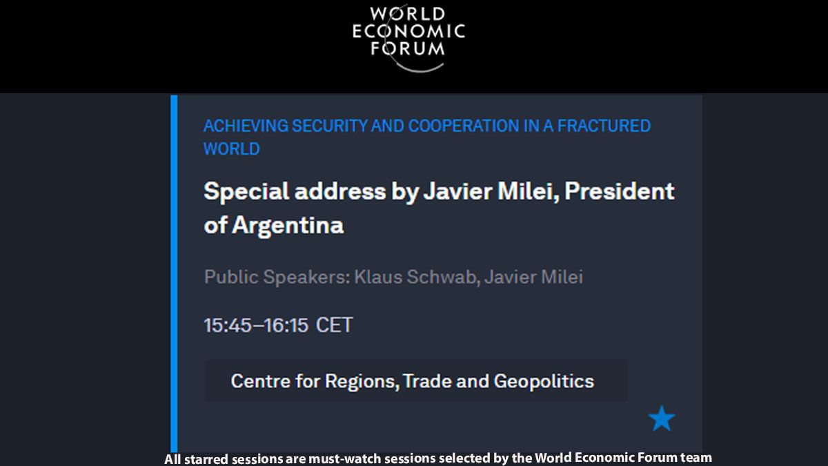 La perticipación de Javier Milei en el foro de Davos. Evento marcado especialemente en la agenda, con una estrella azul. (Foto: Foro de Davos)