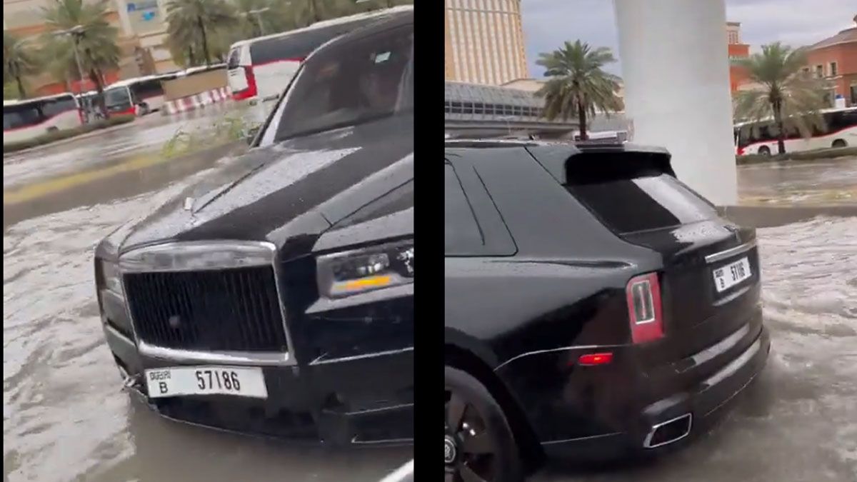 Un Rolls Royce, atrapado por una inundación sin precedentes en Dubai (Foto: cuenta de 