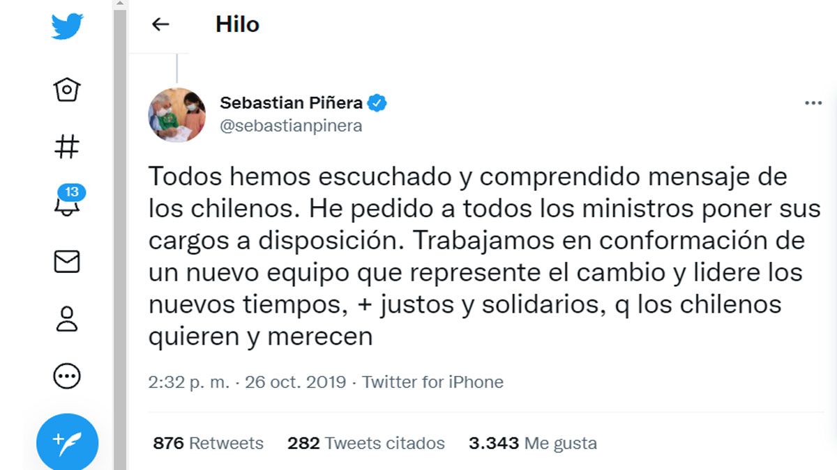 26 de octubre de 2019: Sebastián Piñera anuncia una serie de cambios para 