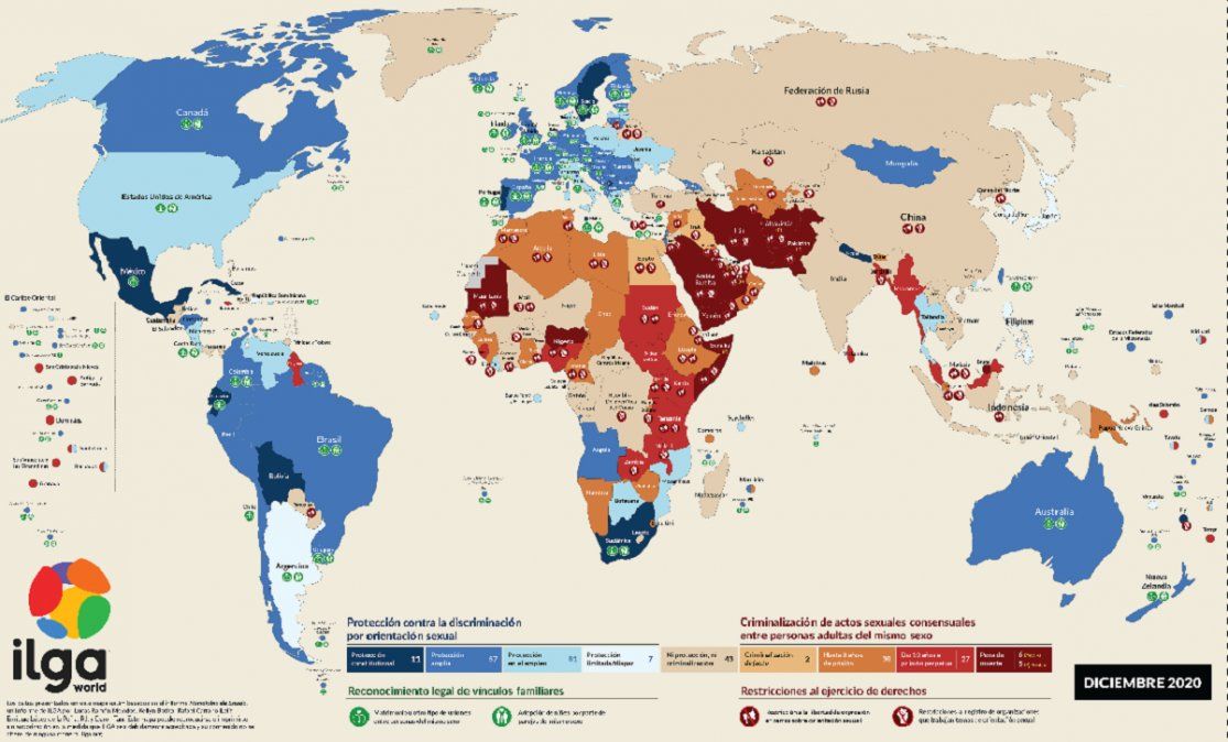 Mapa de las leyes sobre orientación sexual en el mundo, ILGA, diciembre 2020.