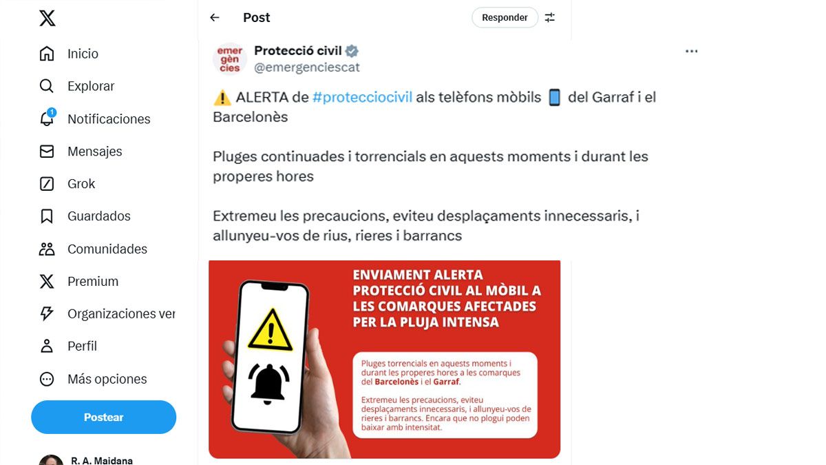 Las autoridades de Cataluña emitieron varios mensajes de alerta ante la llegada de la DANA a esa zona de España. (Foto: Cuenta de X de la Protección Social)