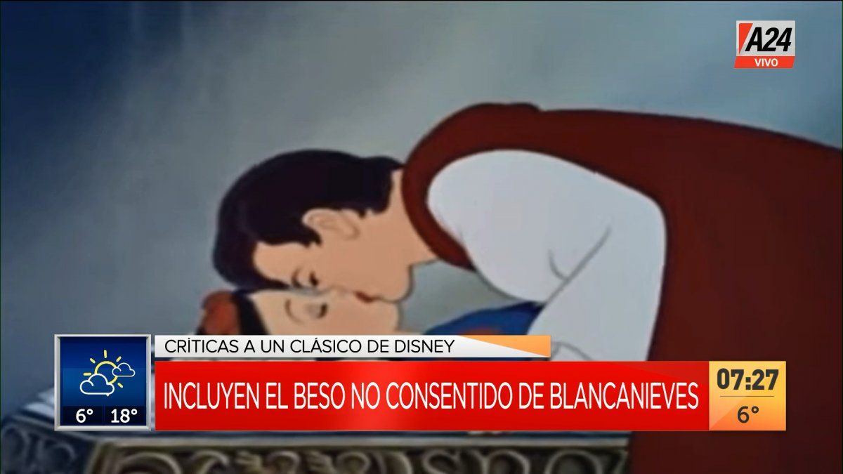 Este es el clásico beso que recibe Blancanieves y que no habría dado su consentimiento al Príncipe Azul (Foto: captura de TV).
