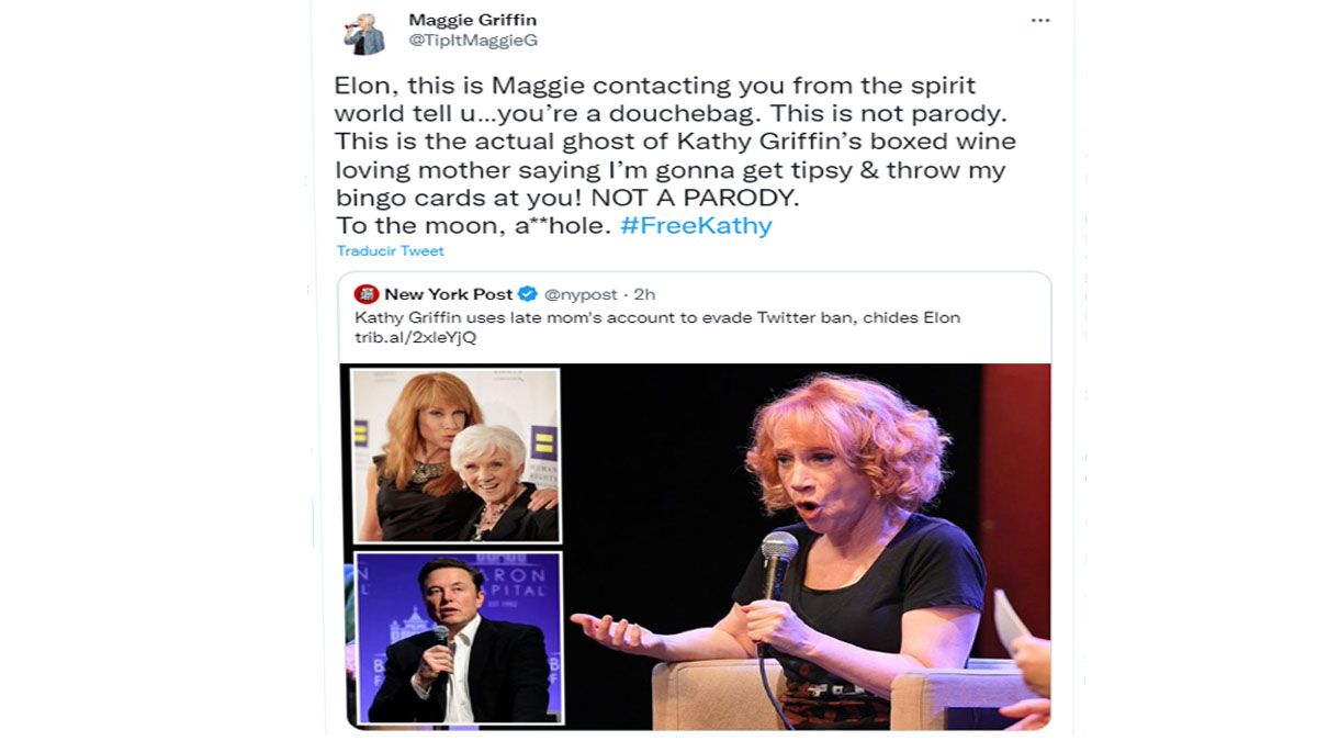 Para responderle a Elon Musk, Kathy Griffin hizo una cuenta a nombre de su madre que murió hace tiempo (Foto: Cuenta de Twitter de 