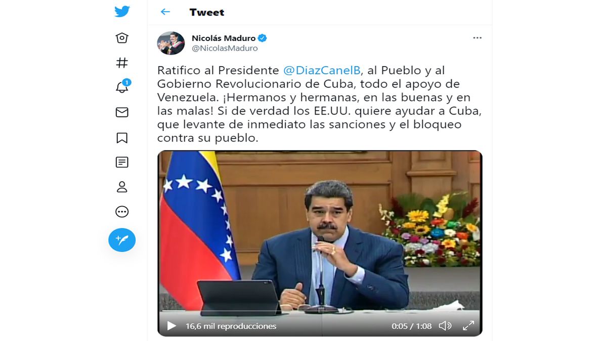Maduro, envió un mensaje por Twitter de apoyo al gobierno Cubano contra las protestas (Foto: Cuenta de Twitter de Maduro)