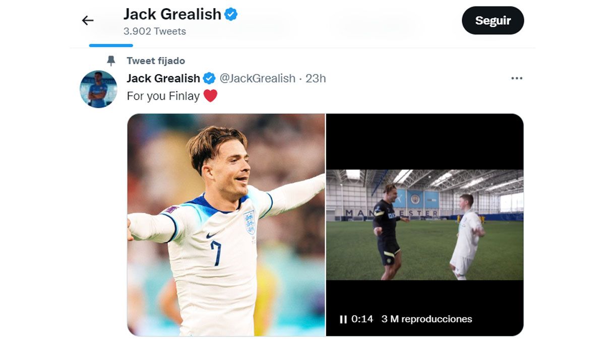 Grealish celebró también en Twitter el gol dedicado a Finlay (Foto: Cuenta oficial de Grealish)