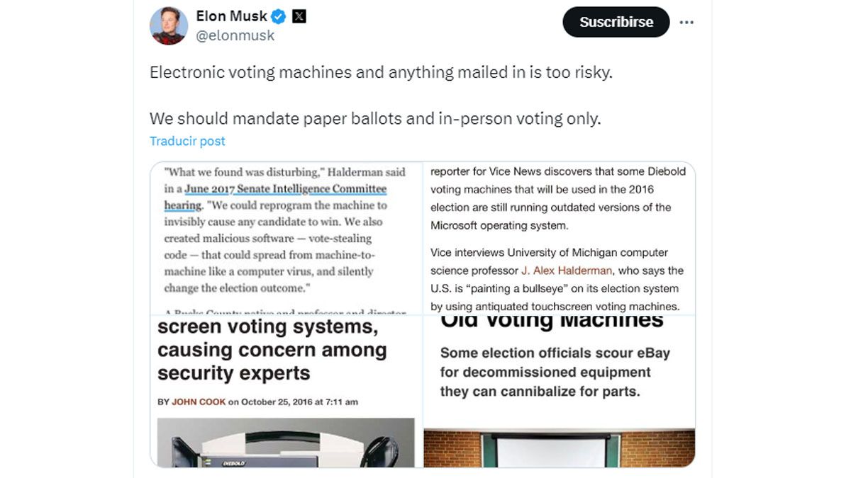 Elon Musk criticó el sistema de votación de los Estados Unidos porque se puede vulnerar para hacer un fraude. (Foto: Cuenta de 