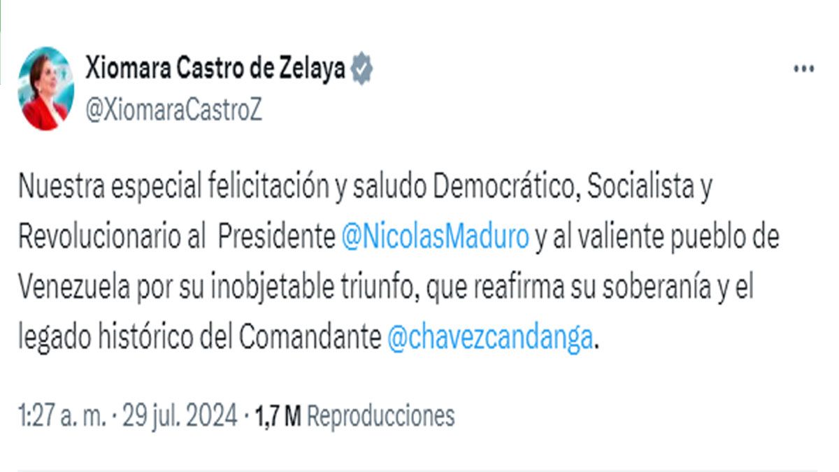 La presidenta hondureña también celebró la victoria de Nicolás Maduro. (Foto: Cuenta de X de Xiomara Castro)