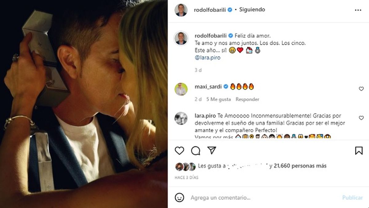 El posteo con el que Rodolfo Barili confirm&oacute; que este a&ntilde;o se casar&aacute; con su pareja, Lara Piro.&nbsp;