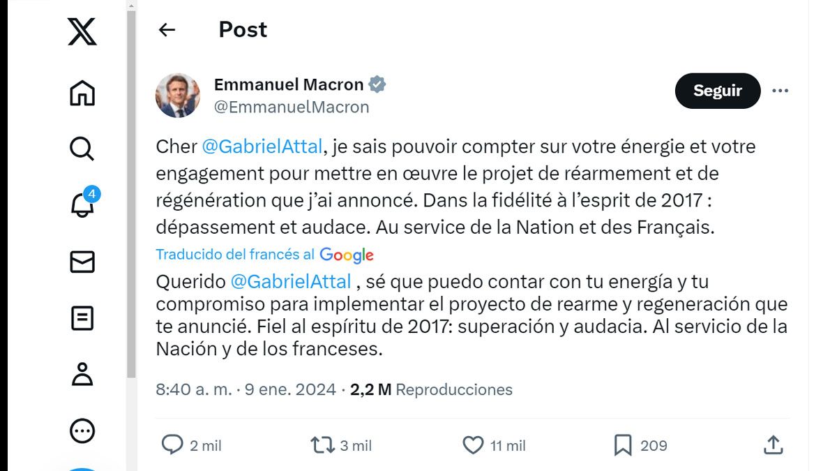 El mensaje de Macron para anunciar al nuevo primer ministro francés. (Foto: Cuenta de X de Macrón)