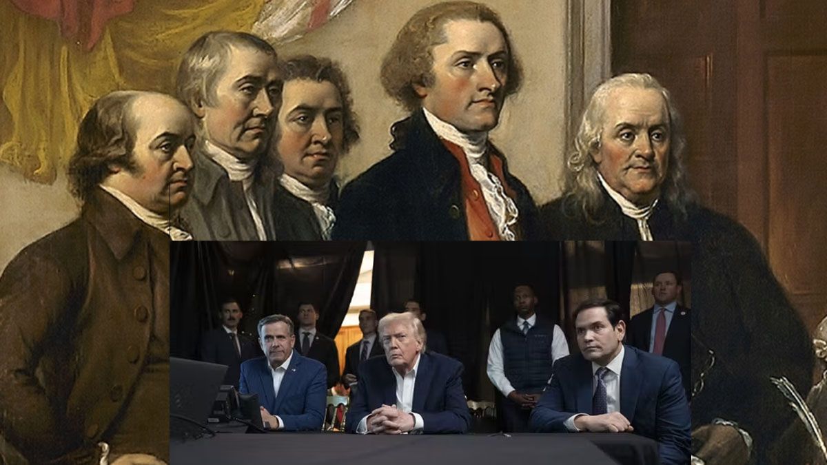 La democracia, la constitución de EE.UU. y sus padres fundadores. Abajo, Trump observa en directo la captura de Maduro. (Foto: A24.com)