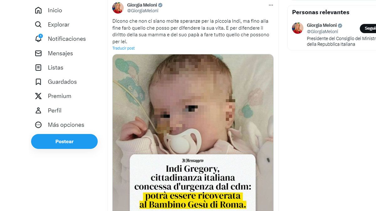 El mensaje en las redes sociales de Georgia Meloni, que le da nuevas esperanzas a una beba brit&aacute;nica (Foto: cuenta "X" de Giorgia Meloni).