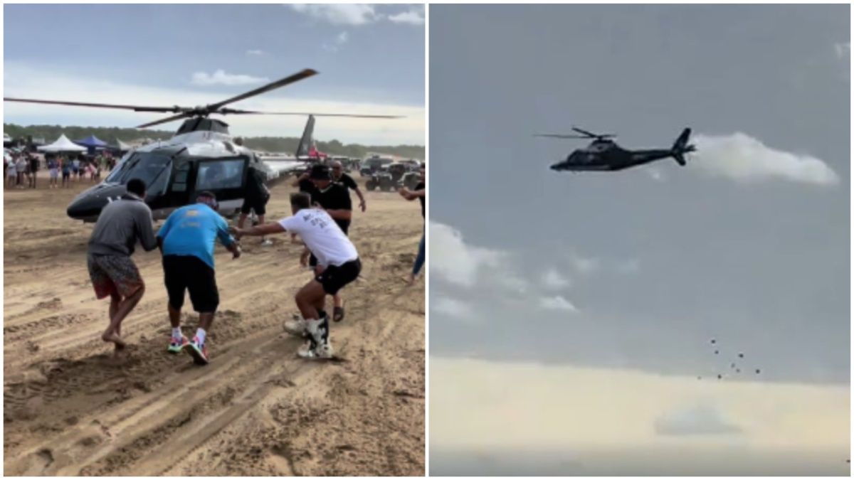 El peligroso aterrizaje de un helicóptero en medio de una playa en Pinamar (Foto: A24).