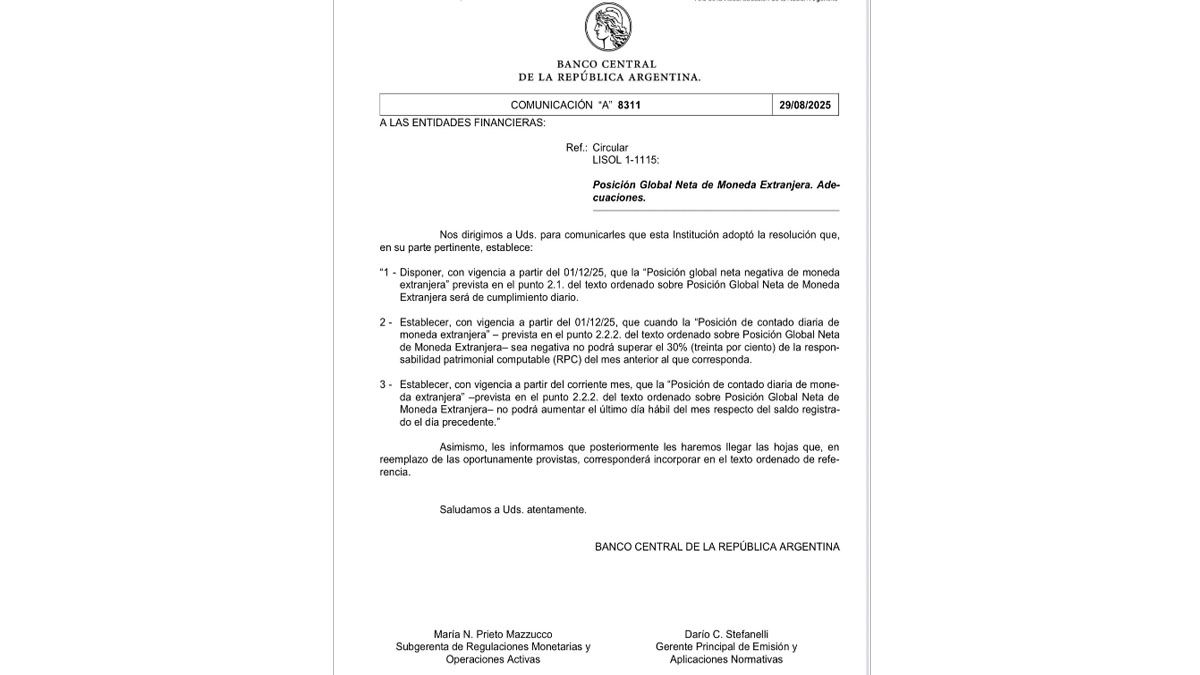 La comunicación del BCRA que limita a los bancos para hacerse de dólares. (foto:BCRA)