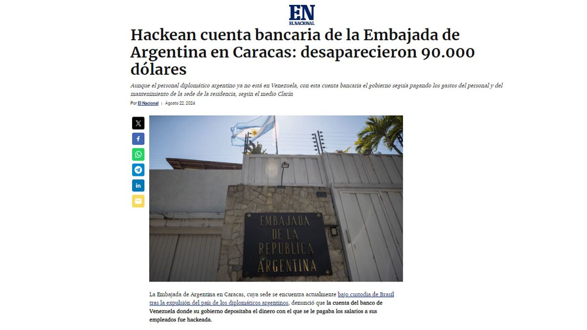 La prensa venezola reflej&oacute; el hackeo a la cuenta de la embajada argentina en Caracas. (Foto: El Nacional)