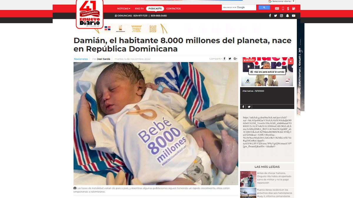La prensa dominicana destacó que Damián, el habitante 8.000 millones del planeta, nació en su país. (Foto: Gentileza El Nuevo Diario de Santo Domingo)