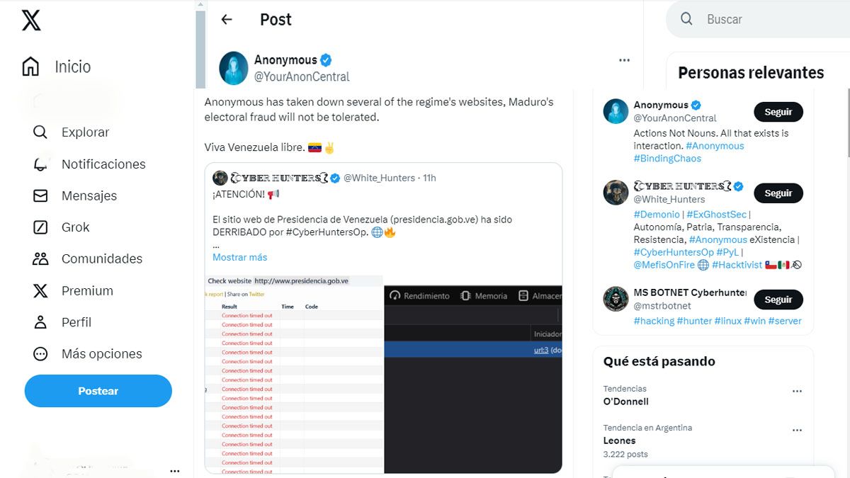 Los primeros sabotajes de Anonymus en Venezuela, explicados en las redes sociales. ( Foto: Cuenta de X de Anonymus)