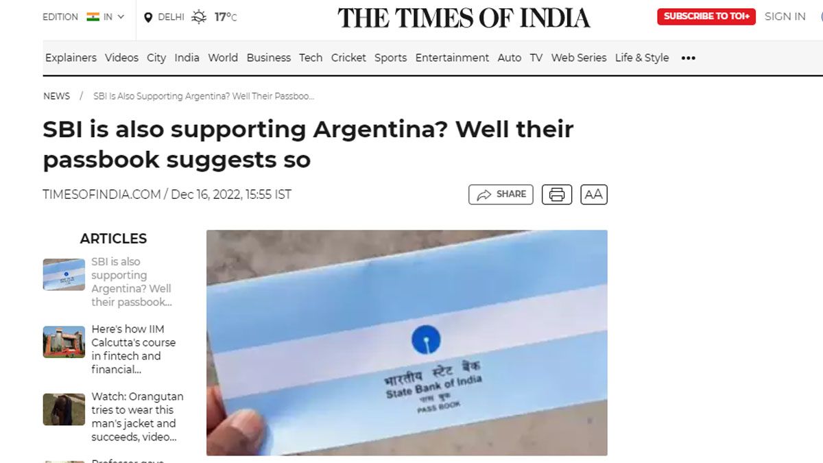 El Times de la India refleja la tendencia en Twitter que muestra que el Banco Estatal de la India tiene los colores de la bandera argentina (Foto: Gentileza The Times of India)